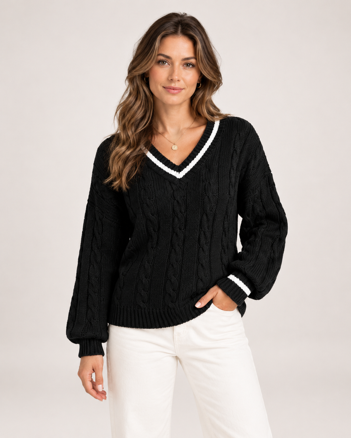 Women's V Neck Cable Knit Jumper with Contrast Trim black front view