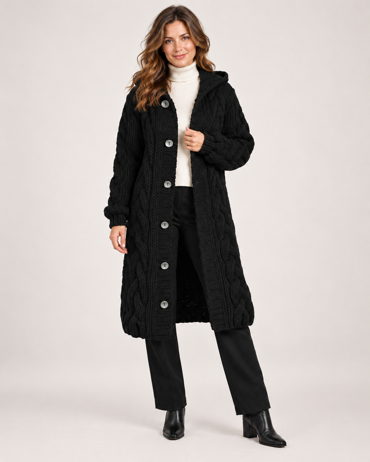 Women's Longline Cardigan with Cable Knit and Hood black front view