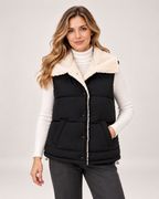 Women's Padded Gilet with Faux Fur Collar black front view