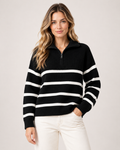 Women's Striped Jumper Half Zip Collared Knit Style black front view
