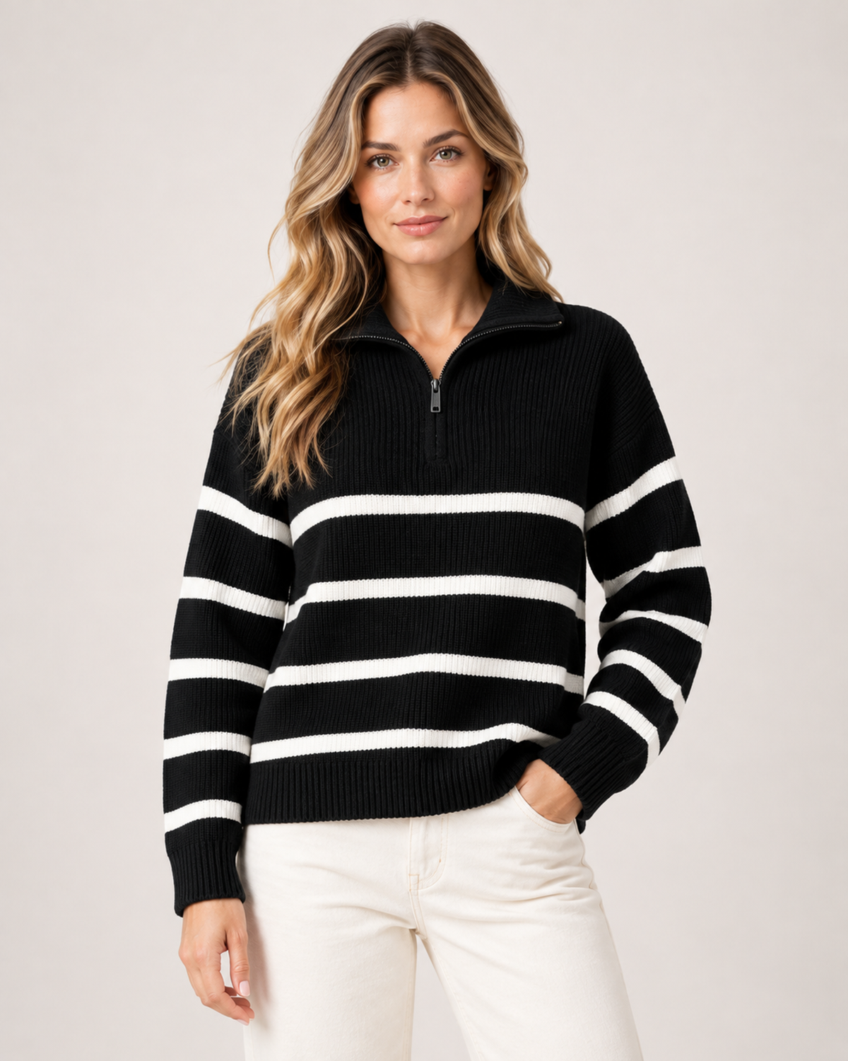 Women's Striped Jumper Half Zip Collared Knit Style black front view