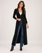 Women's Coatigan with V Neck and Longline Button Front black front view