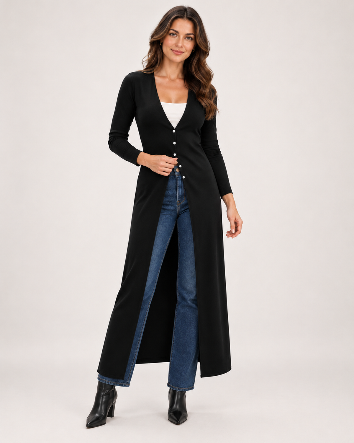 Women's Coatigan with V Neck and Longline Button Front black front view