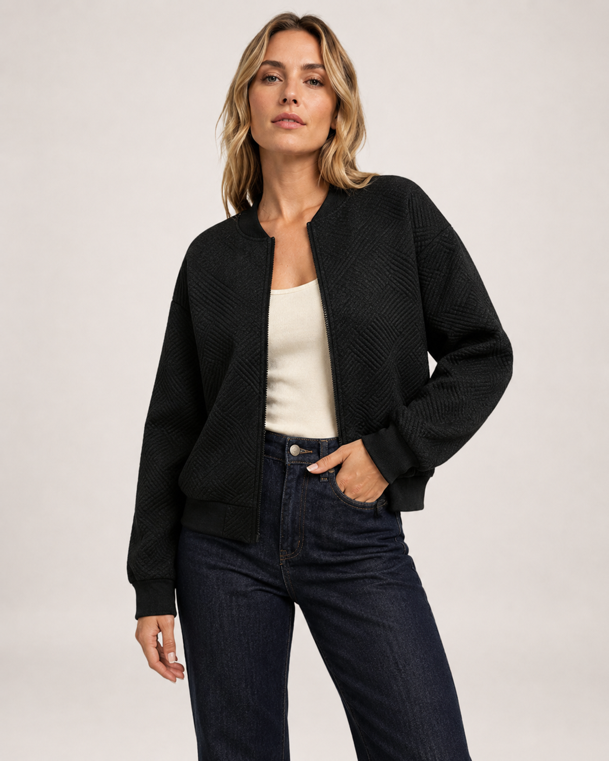Women’s black zip up cardigan three quarter hero view