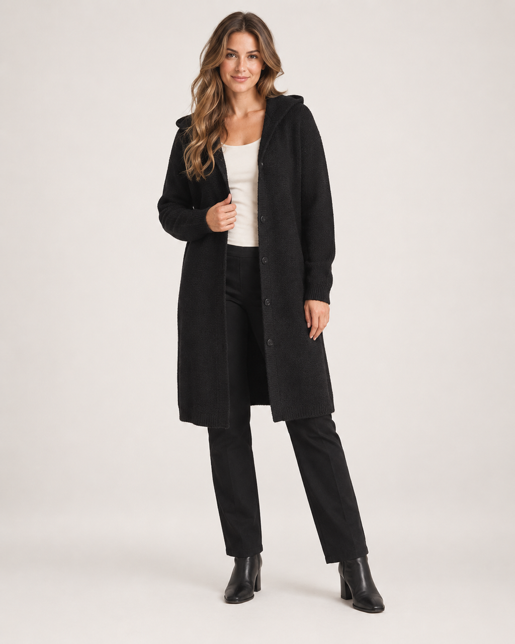 Women’s Longline Cardigan with Hood and Button Front in Black, full body view