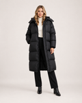 Women’s Long Puffer Coat with Hood and Oversized Fit in Black, full body view