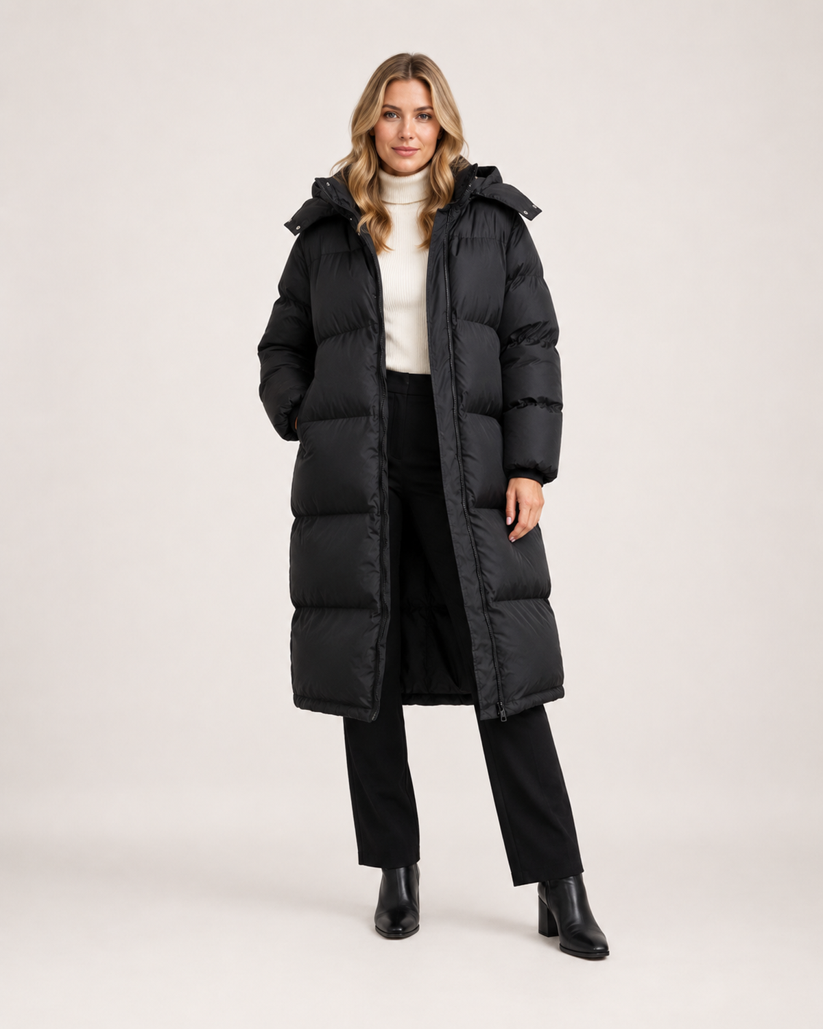 Women’s Long Puffer Coat with Hood and Oversized Fit in Black, full body view