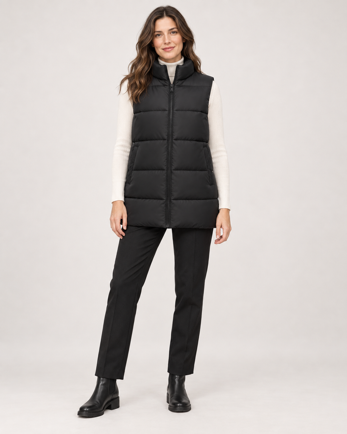 Women’s Puffer Gilet with Longline Shape and Stand Collar in Black, full body view