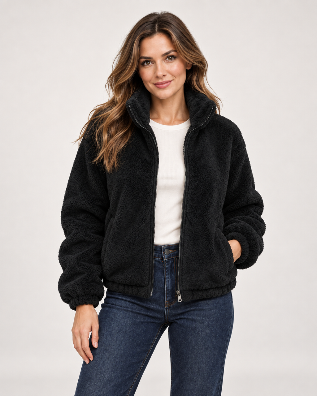 Women’s Fleece Jacket with Funnel Neck and Zip Front in Black, short outerwear product focus view