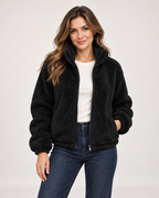Women’s Fleece Jacket with Funnel Neck and Zip Front in Black, short outerwear product focus view