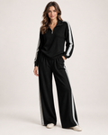 Women’s Co-Ord Set with Half Zip Top and Wide Leg Trousers in Black, full body view