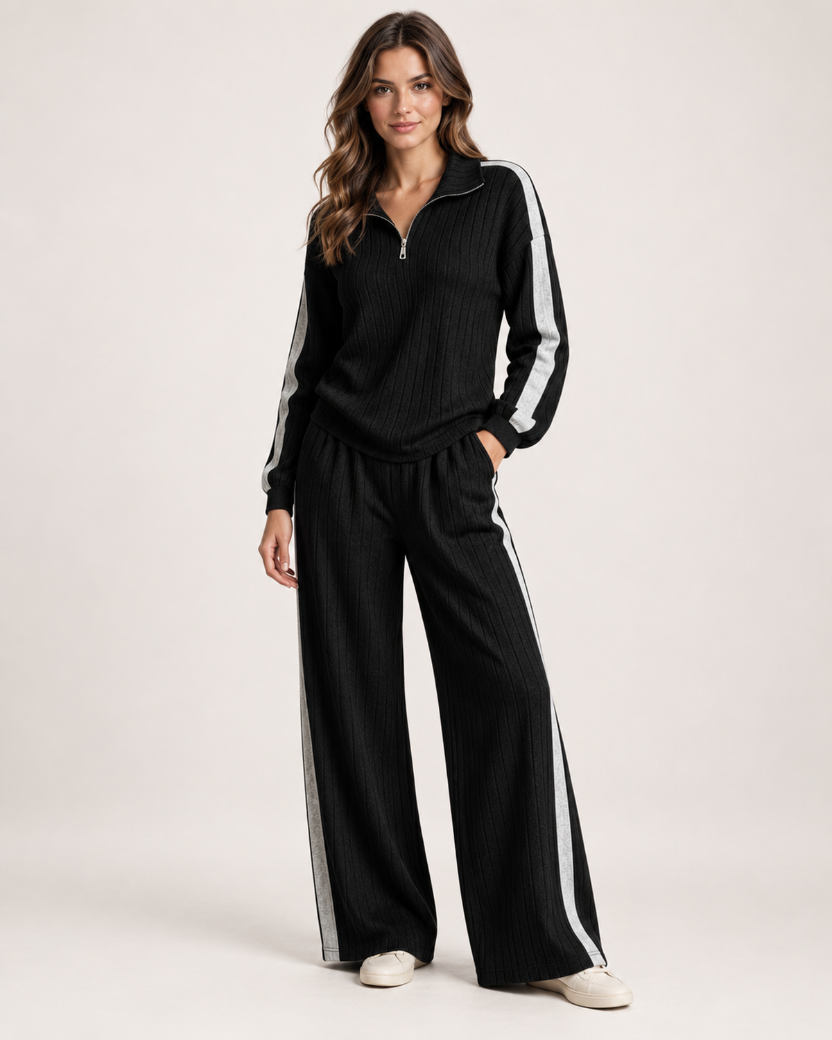 Women’s Co-Ord Set with Half Zip Top and Wide Leg Trousers in Black, full body view