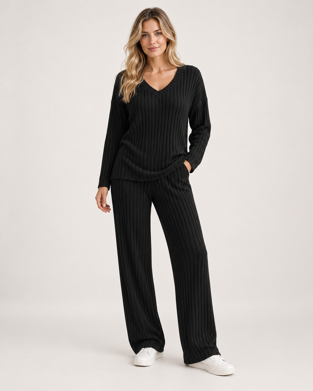 Women’s Co-Ord Set with Ribbed V-Neck Top and Wide Leg Trousers in Black, full body view