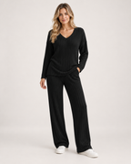 Women’s Co-Ord Set with Ribbed V-Neck Top and Wide Leg Trousers in Black, full body view