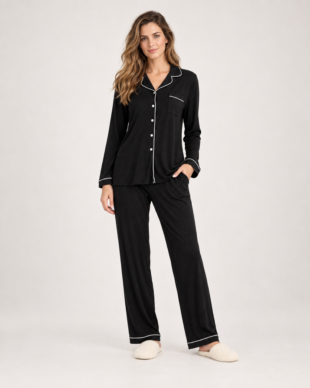Women’s Pyjama Set in Modal with Contrast Piping in Black, full body view
