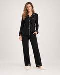 Women’s Pyjama Set in Modal with Contrast Piping in Black, full body view