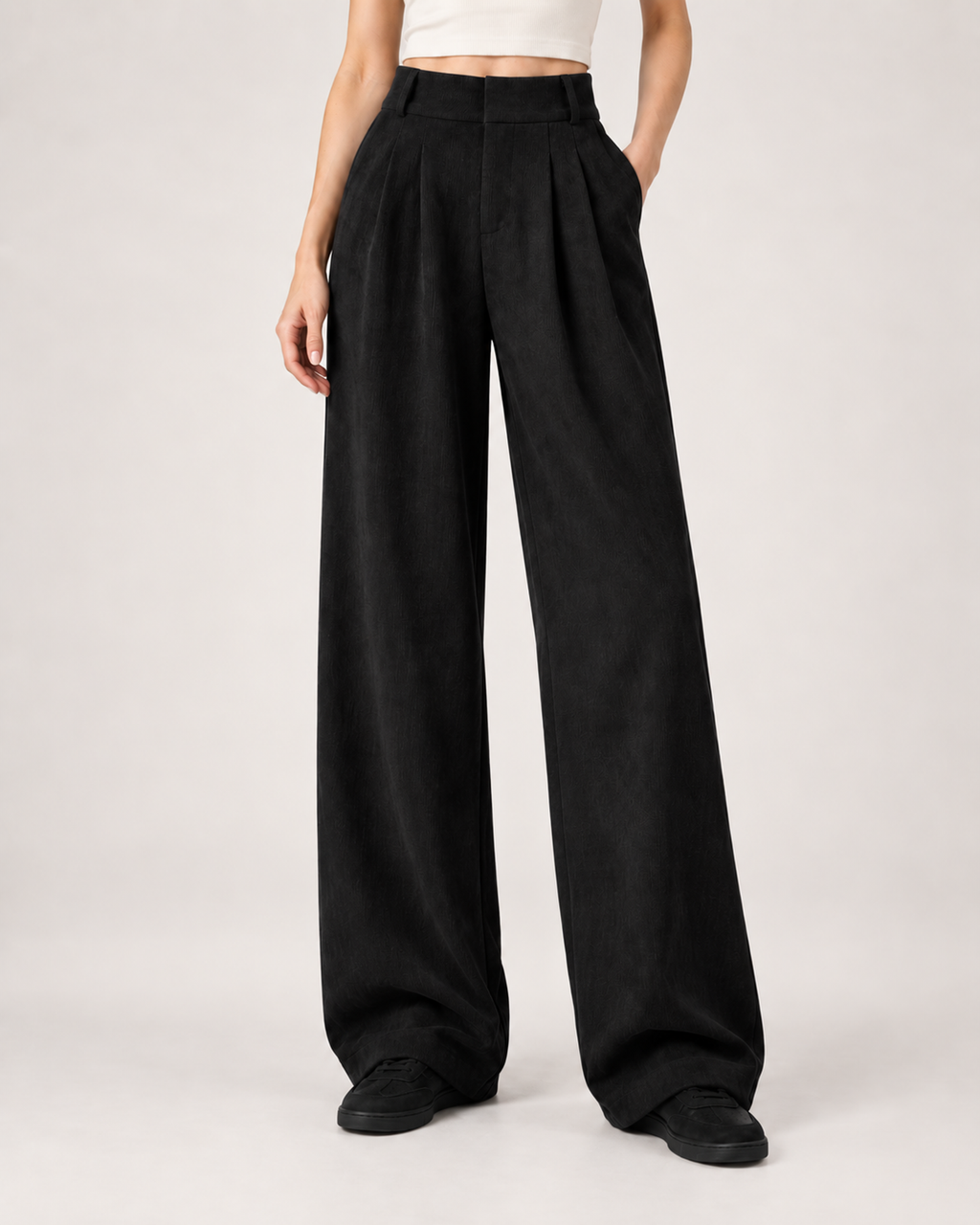 Women’s Wide Leg Trousers with High Waist and Front Pleats in Black, lower body product focus view