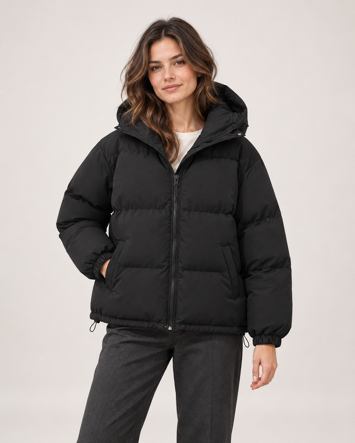 Women’s Puffer Jacket with Hood and Zip Front in Black, short outerwear product focus view