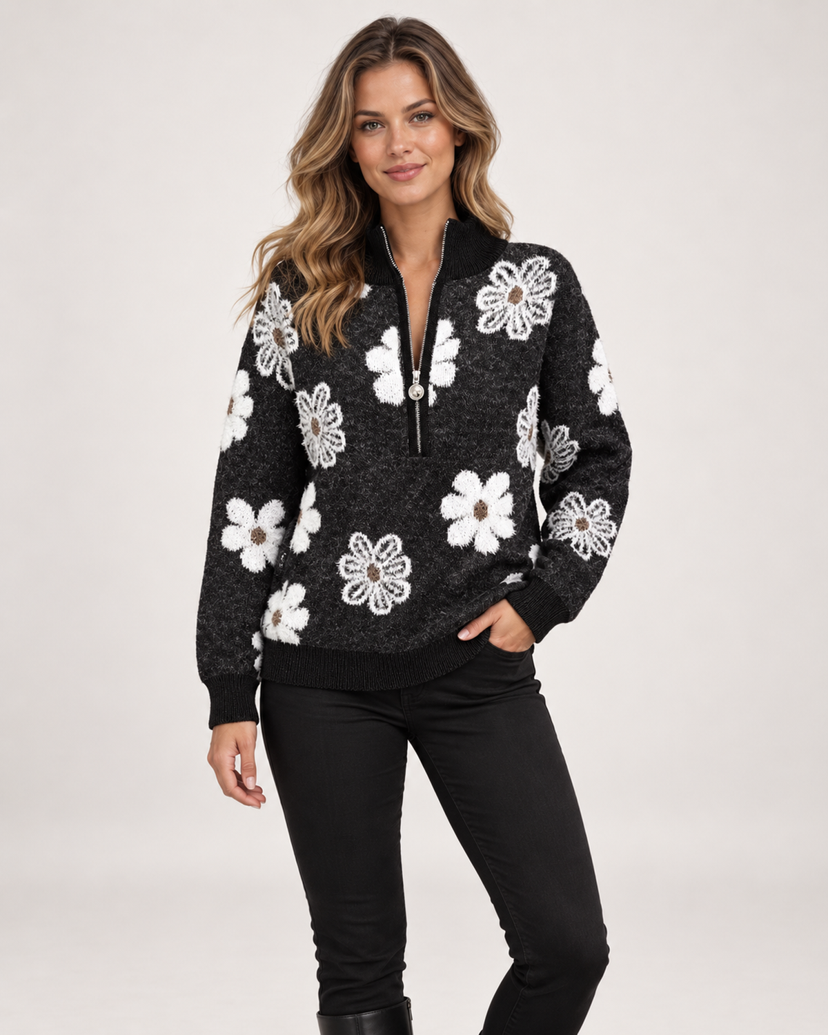 Women’s Half-Zip Jumper with Floral Pattern in Black, upper body product focus view