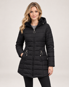 Women’s Quilted Jacket with Hood and Longline Shape in Black, short outerwear product focus view