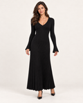 Women’s Knitted Dress with V Neck and Pleated Maxi Skirt in Black, full body view