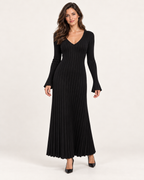 Women’s Knitted Dress with V Neck and Pleated Maxi Skirt in Black, full body view
