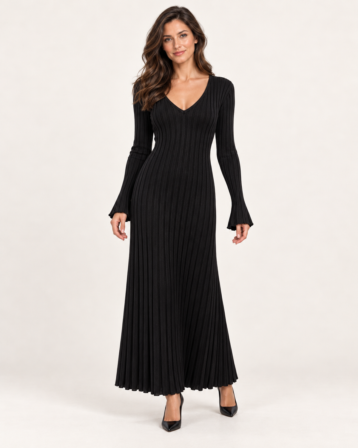 Women’s Knitted Dress with V Neck and Pleated Maxi Skirt in Black, full body view