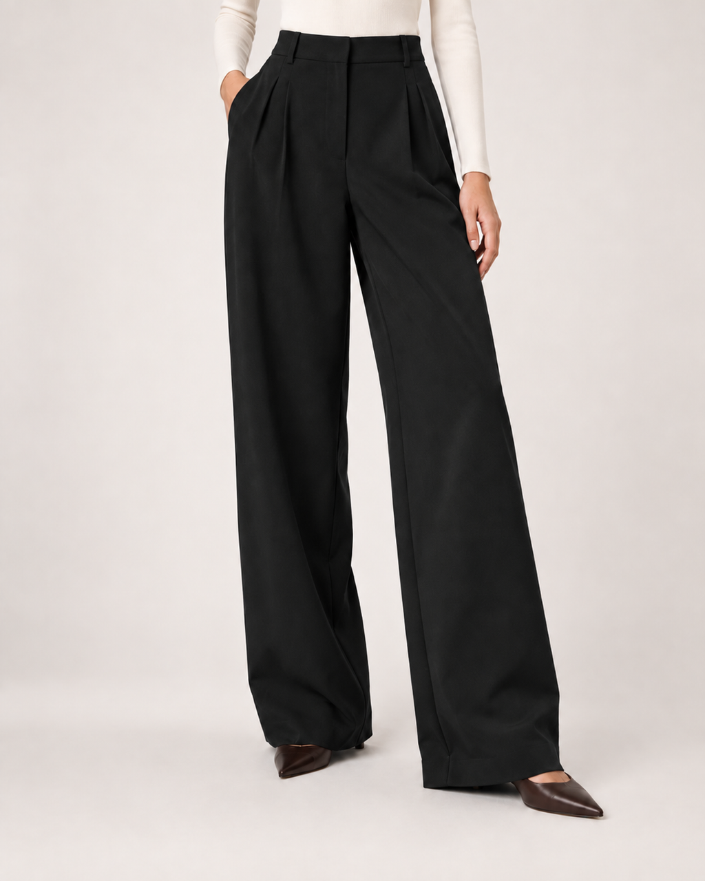 Women’s Straight Leg Trousers with High Waist and Front Pleats in Black, lower body product focus view