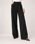 Women’s Straight Leg Trousers with High Waist and Front Pleats in Black, lower body product focus view