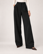 Women’s Straight Leg Trousers with High Waist and Front Pleats in Black, lower body product focus view