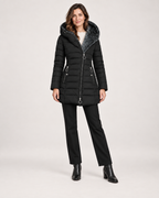 Women’s Long Puffer Jacket with Hood and Asymmetric Zip in Black, full body view