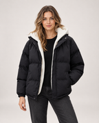 Women’s Puffer Jacket with Hood and Zip Front in Black, short outerwear product focus view