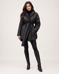 Women’s Quilted Coat with Belt and Lapel Collar in Black, full body view