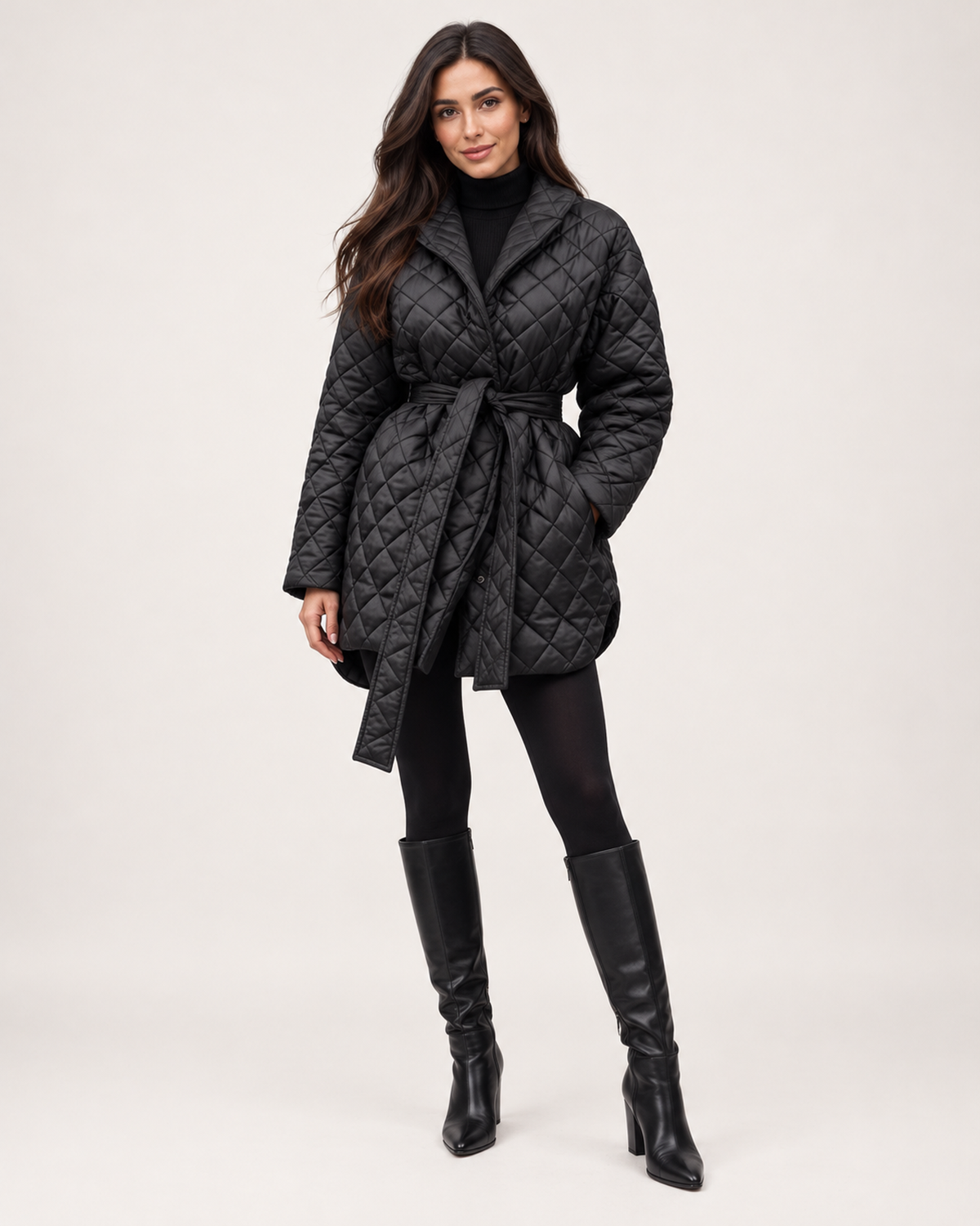 Women’s Quilted Coat with Belt and Lapel Collar in Black, full body view