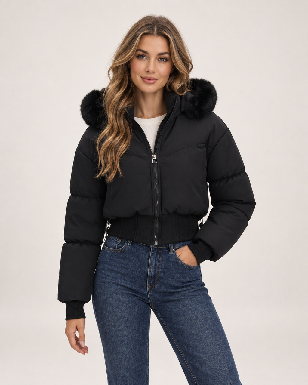 Women’s Puffer Jacket with Cropped Shape and Detachable Hood Trim in Black, short outerwear product focus view