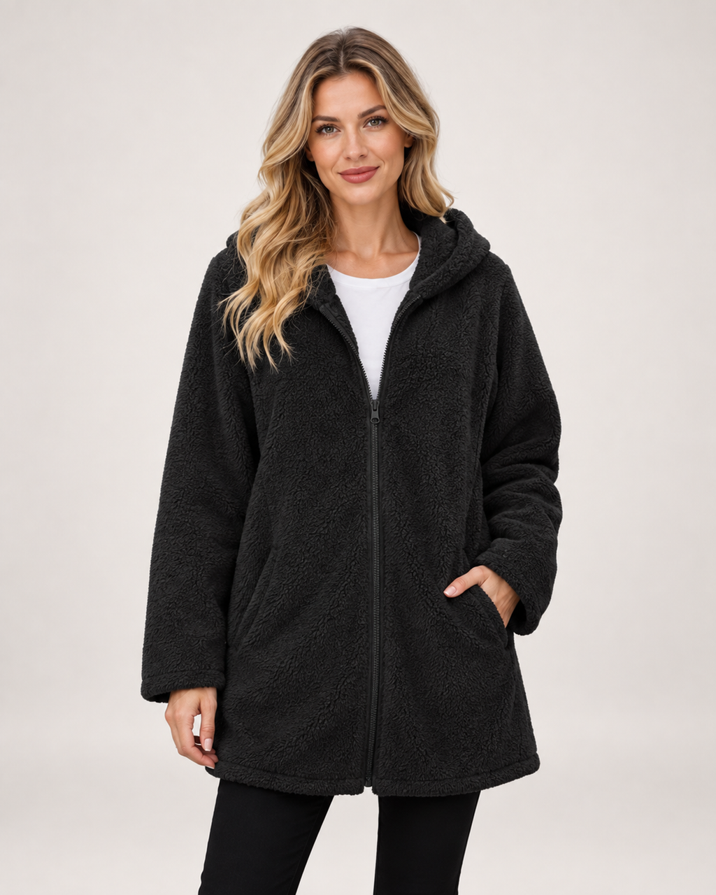 Women’s Fleece Jacket with Hood and Zip Front in Black, short outerwear product focus view