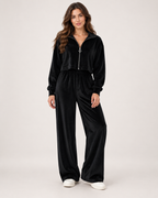 Women’s Loungewear Set with Zip Up Top and Wide Leg Trousers in Black, full body view