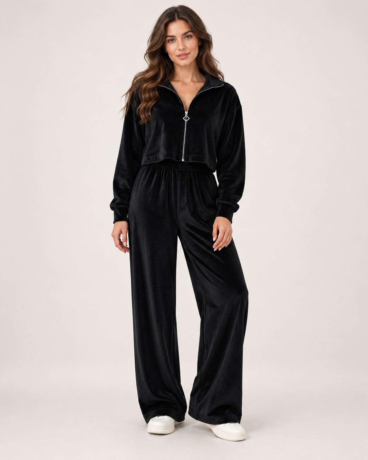 Women’s Loungewear Set with Zip Up Top and Wide Leg Trousers in Black, full body view