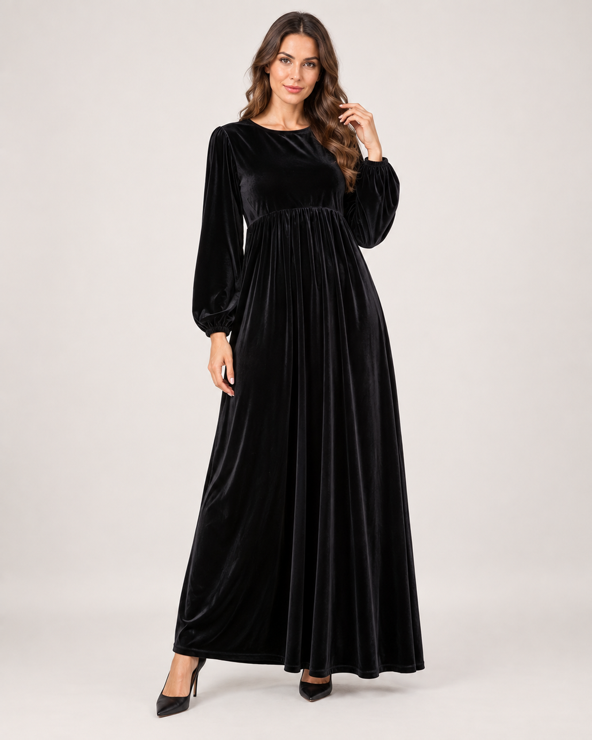 Women’s Velvet Maxi Dress with Draped Waist in Black, full body view