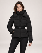 Women’s Ski Jacket in Black with Belt and Hood in Black, short outerwear product focus view