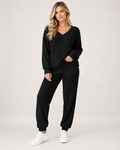 Women’s Loungewear Set with Ribbed Finish and V Neck in Black, full body view