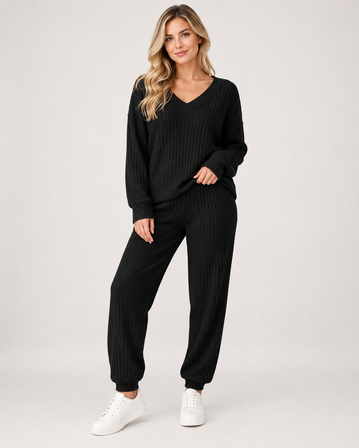 Women’s Loungewear Set with Ribbed Finish and V Neck in Black, full body view