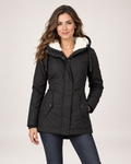 Women’s Fleece Lined Jacket with Hood and Zip Front in Black, short outerwear product focus view