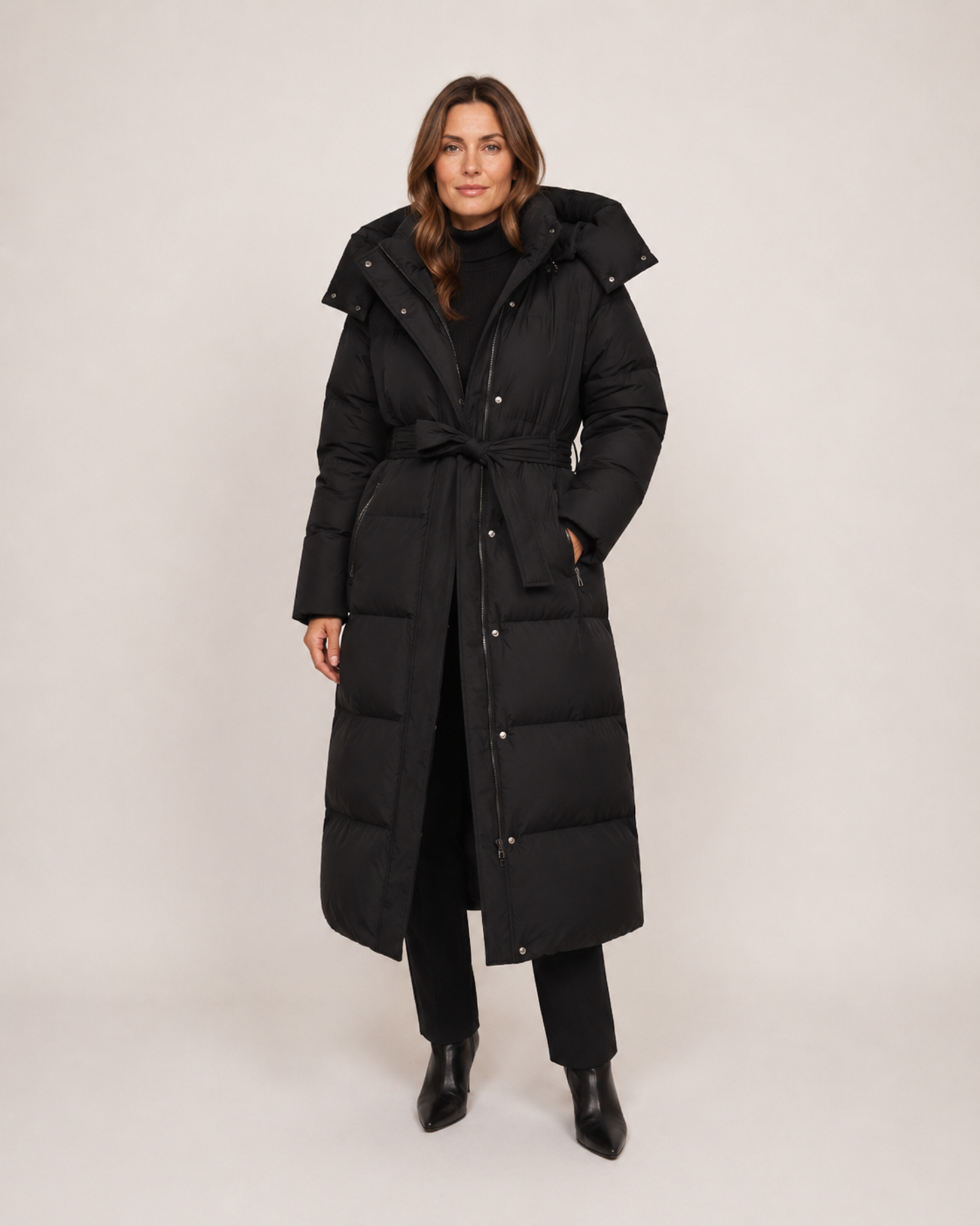 Women’s Long Puffer Coat with Hood and Belt in Black, full body view