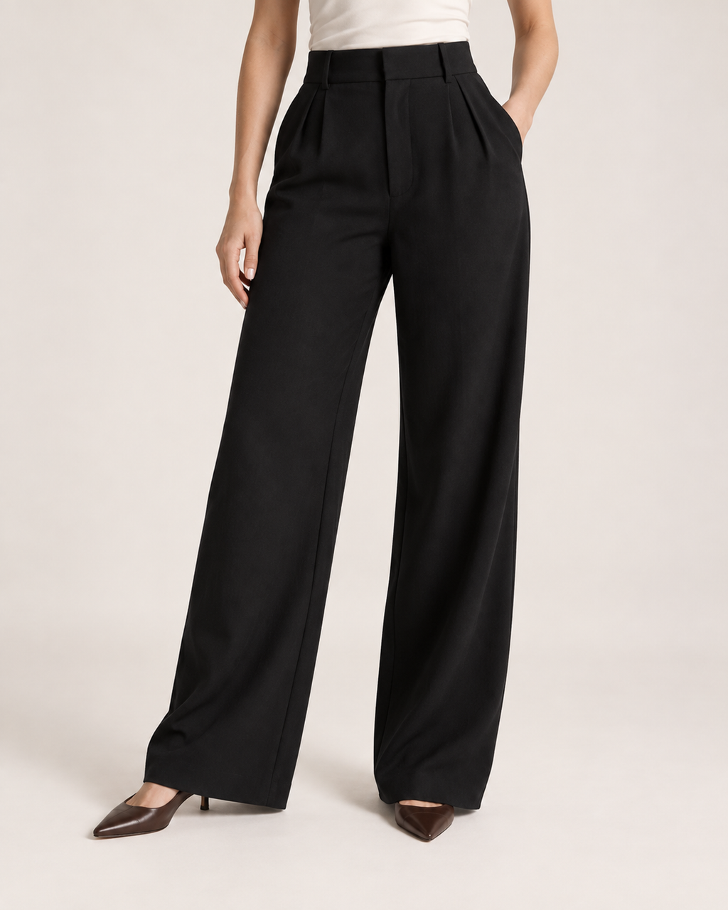 Women’s Wide Leg Trousers with High Waist and Pockets in Black, lower body product focus view