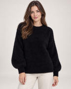 Women’s Fluffy Jumper with Crew Neck in Black, upper body product focus view