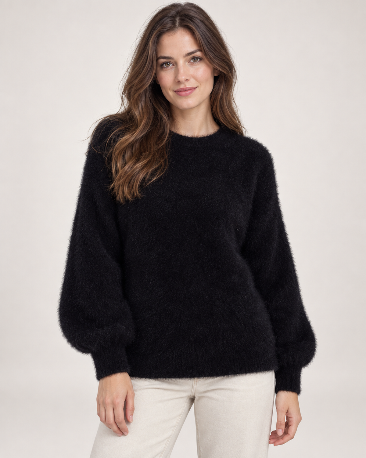 Women’s Fluffy Jumper with Crew Neck in Black, upper body product focus view