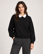 Women’s Collared Jumper with Layered Shirt Detail in Black, upper body product focus view