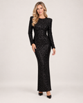 Women’s Long Sleeve Sequin Dress with Open Back Bow in Black, full body view