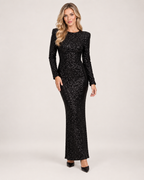 Women’s Long Sleeve Sequin Dress with Open Back Bow in Black, full body view